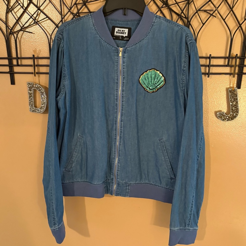 Oh My Disney Little Mermaid chambray bomber denim zip-up jacket size XL